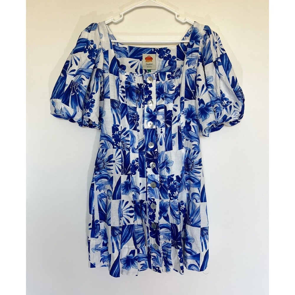FARM Rio Blue White Floral Puff Sleeve Button Front Mini Dress – Size XS